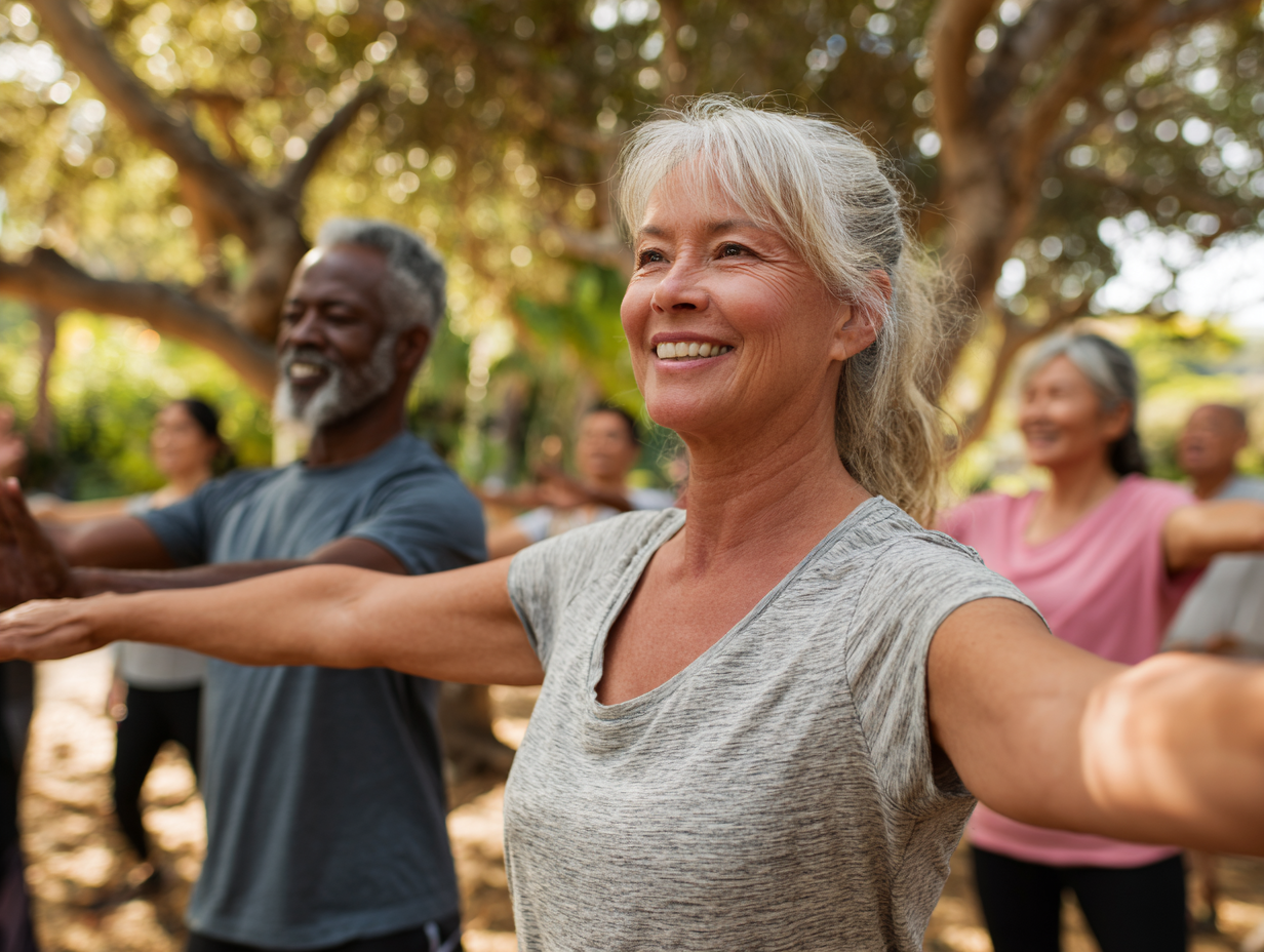 Люди різного віку займаються йогою на природі